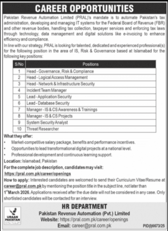 Pakistan Revenue Automation PRAL Islamabad Jobs 2026
