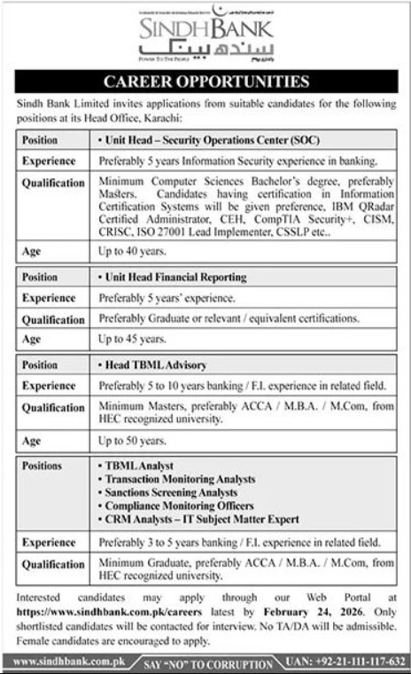 Sindh Bank Apply Jobs 2026