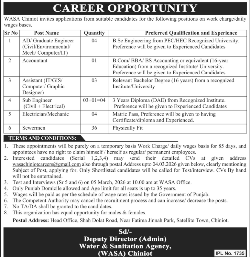 Water And Sanitation Agency WASA Apply Jobs 2026