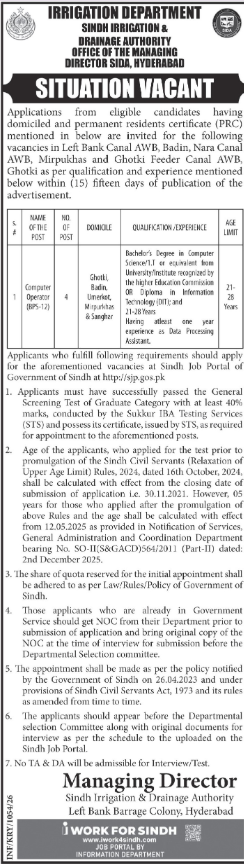 Sindh Irrigation And Drainage Authority SIDA Jobs 2026